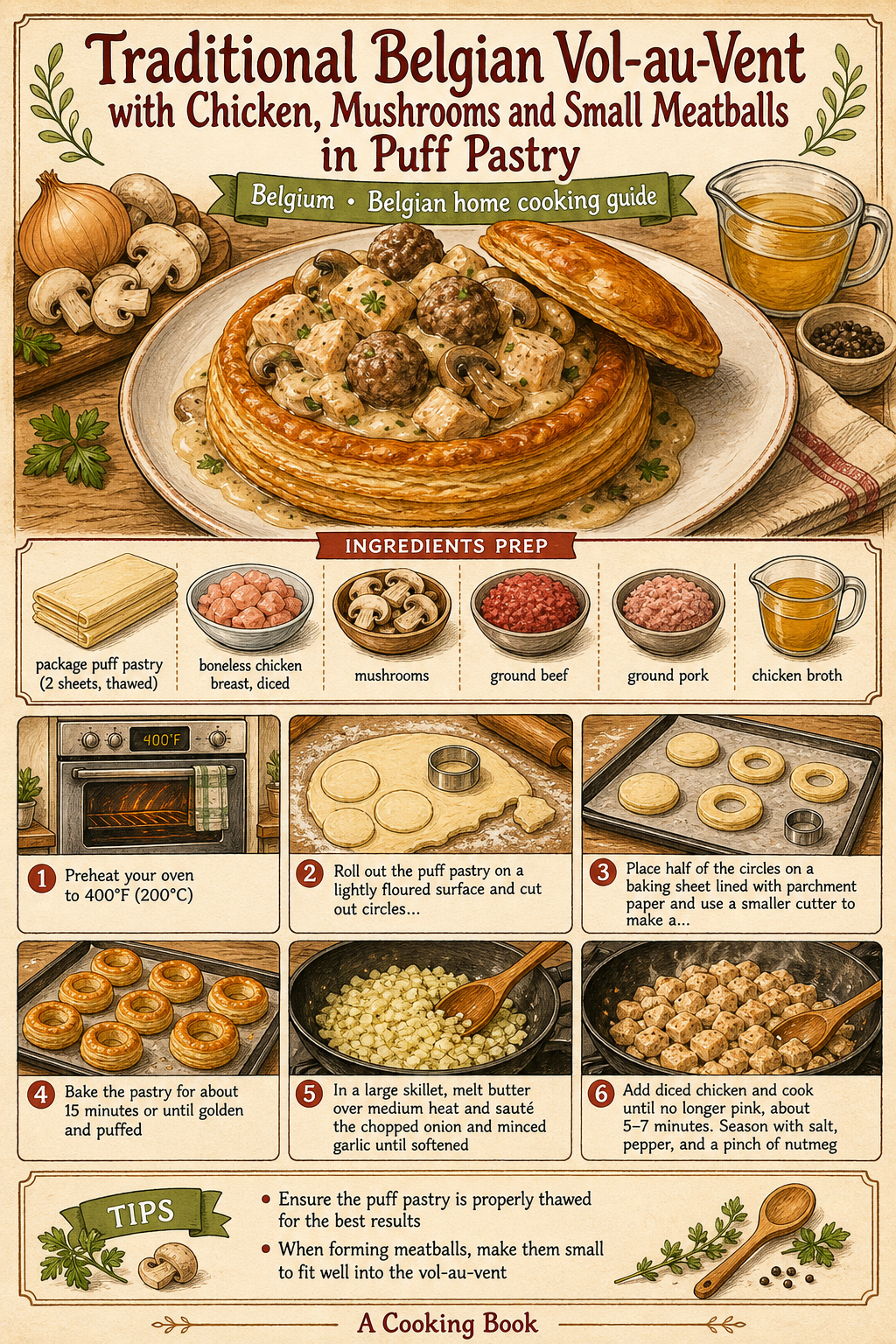Traditional Belgian Vol-au-Vent with Chicken, Mushrooms and Small Meatballs illustrated step-by-step cooking guide
