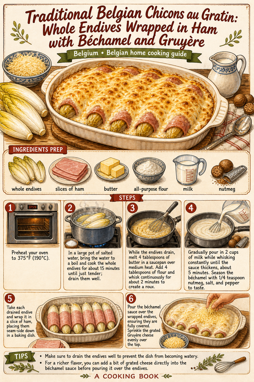 Traditional Belgian Chicons au Gratin with Ham and Cheese Sauce illustrated step-by-step cooking guide
