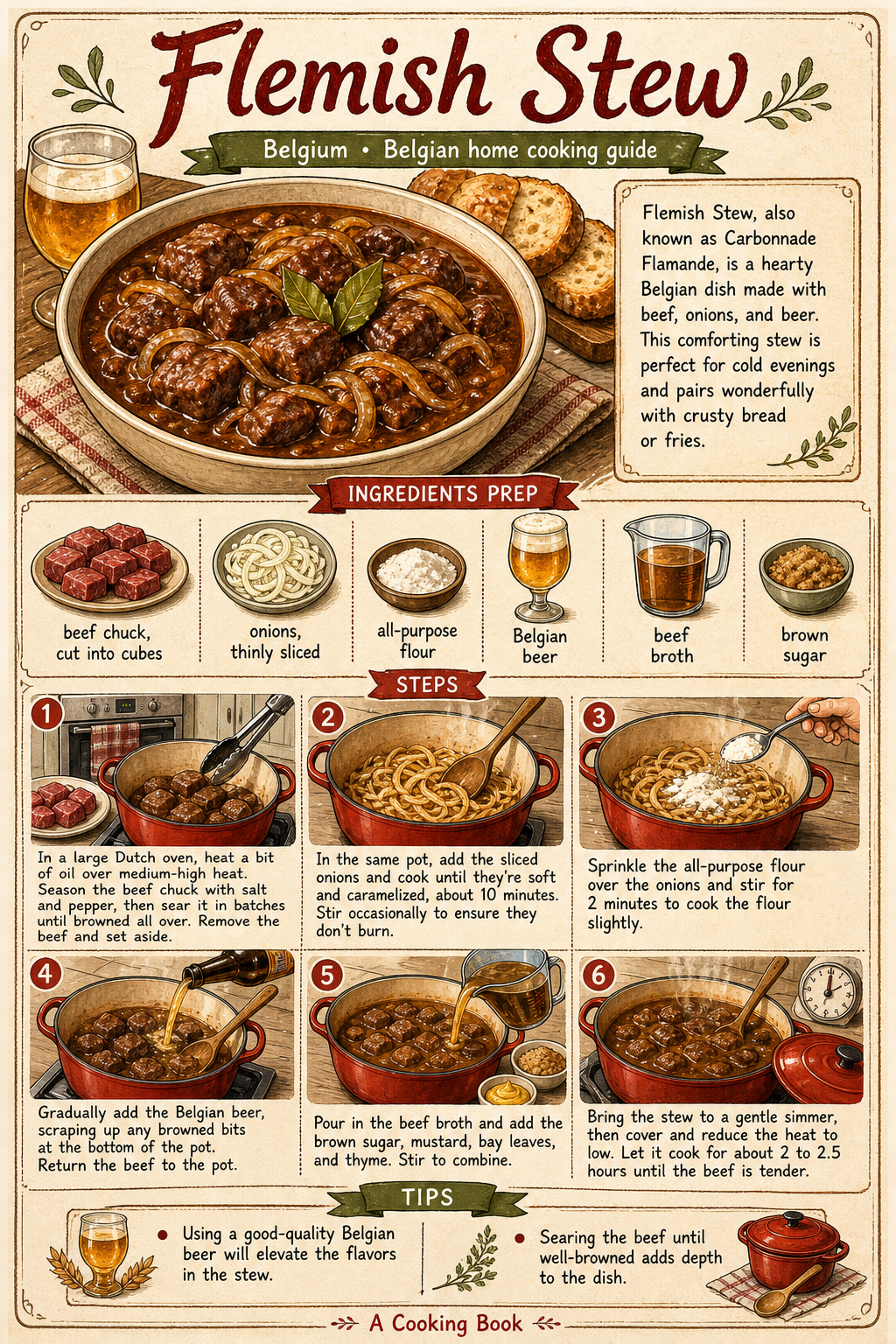 Traditional Flemish Carbonnade Flamande illustrated step-by-step cooking guide