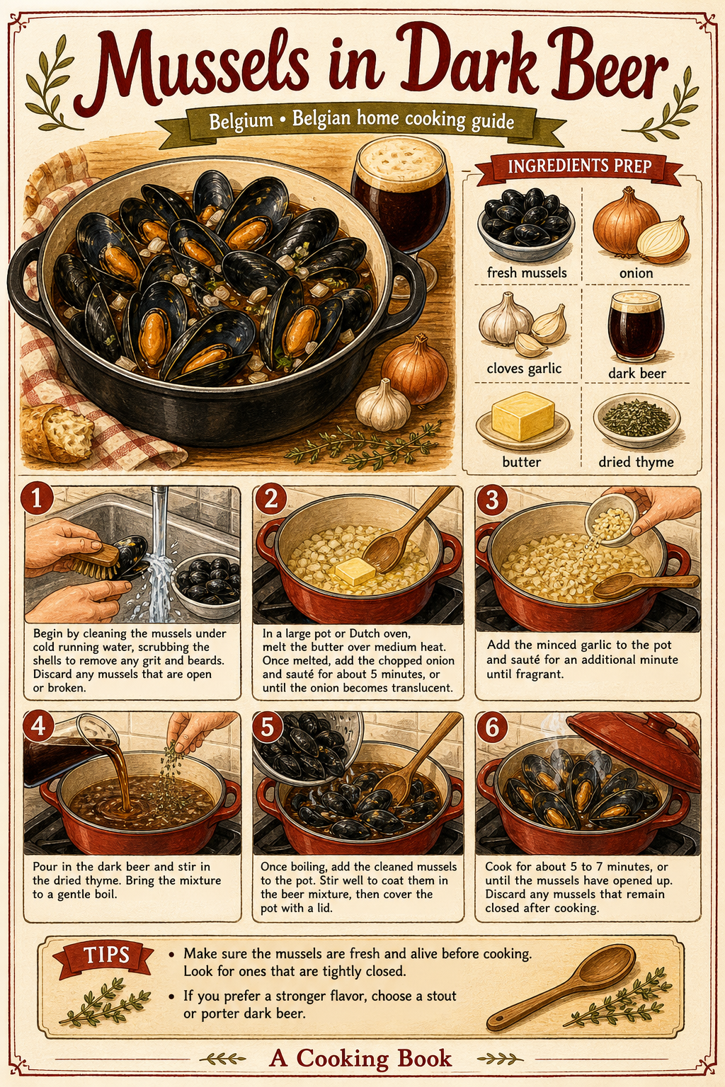 Belgian Moules à la Bière illustrated step-by-step cooking guide