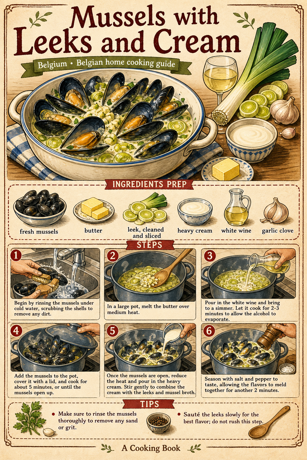 Belgian Moules à la Crème with Leeks illustrated step-by-step cooking guide
