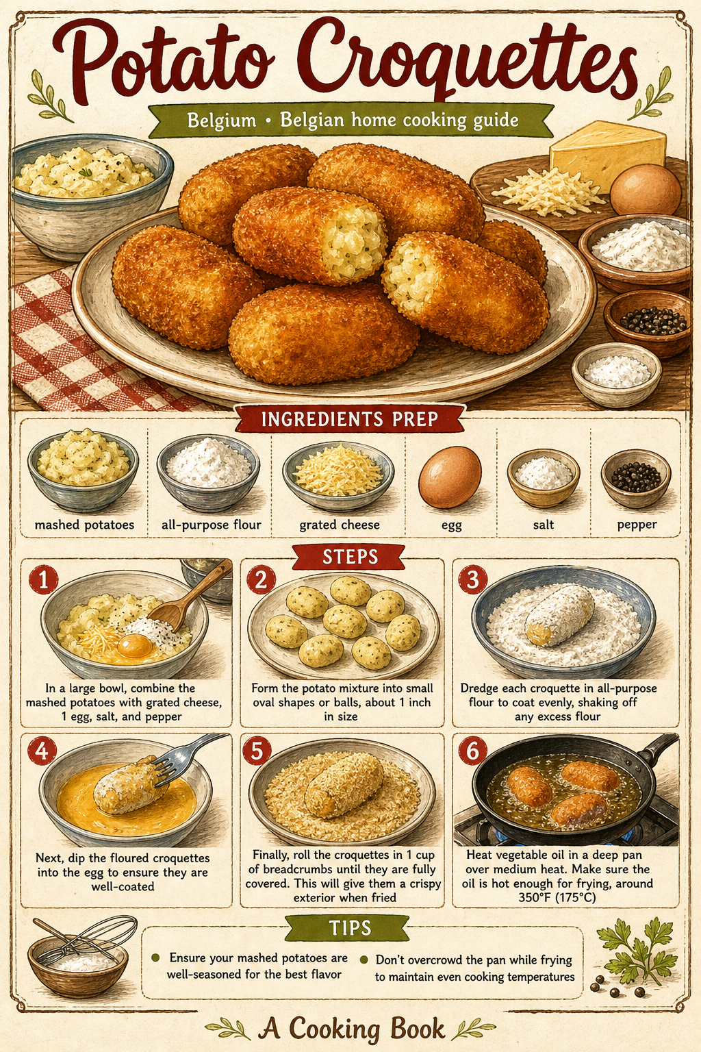 Traditional Belgian Potato Croquettes illustrated step-by-step cooking guide