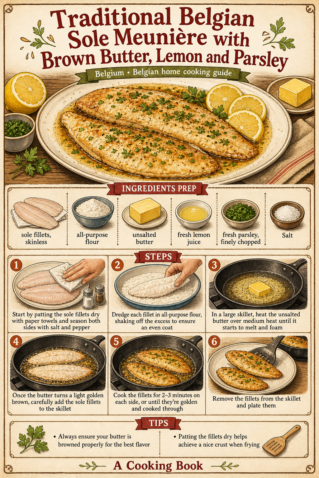 Traditional Belgian Sole Meunière with Brown Butter, Lemon and Parsley illustrated step-by-step cooking guide