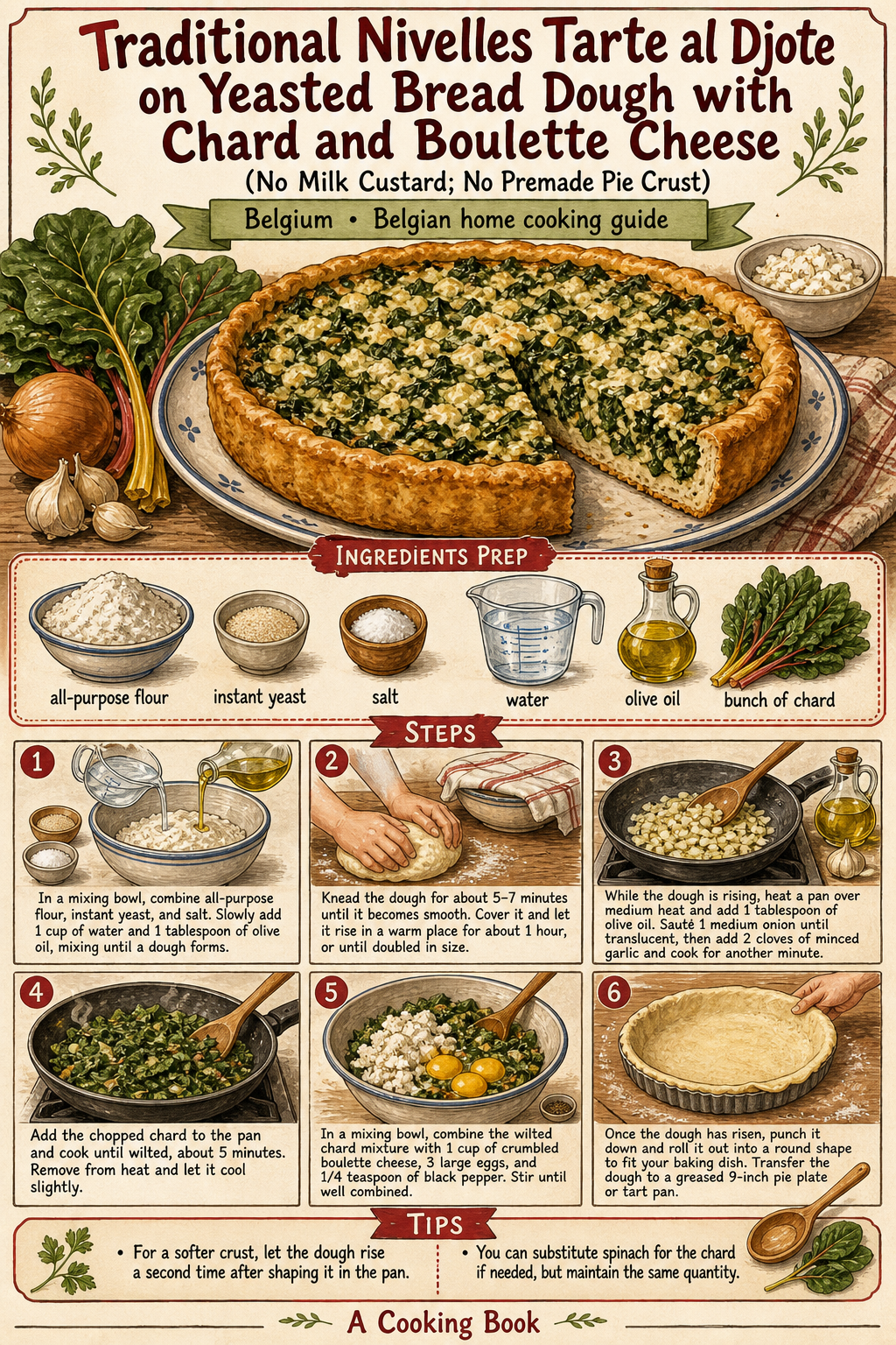 Traditional Open-Faced Nivelles Tarte al Djote illustrated step-by-step cooking guide