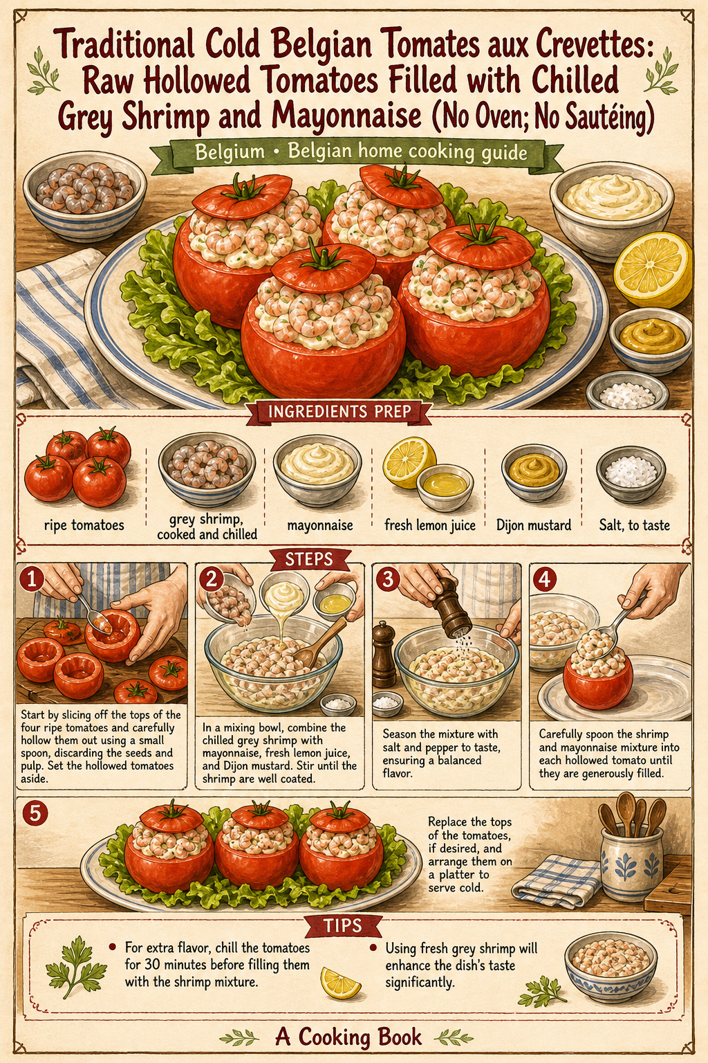 Traditional Cold Belgian Tomates aux Crevettes illustrated step-by-step cooking guide