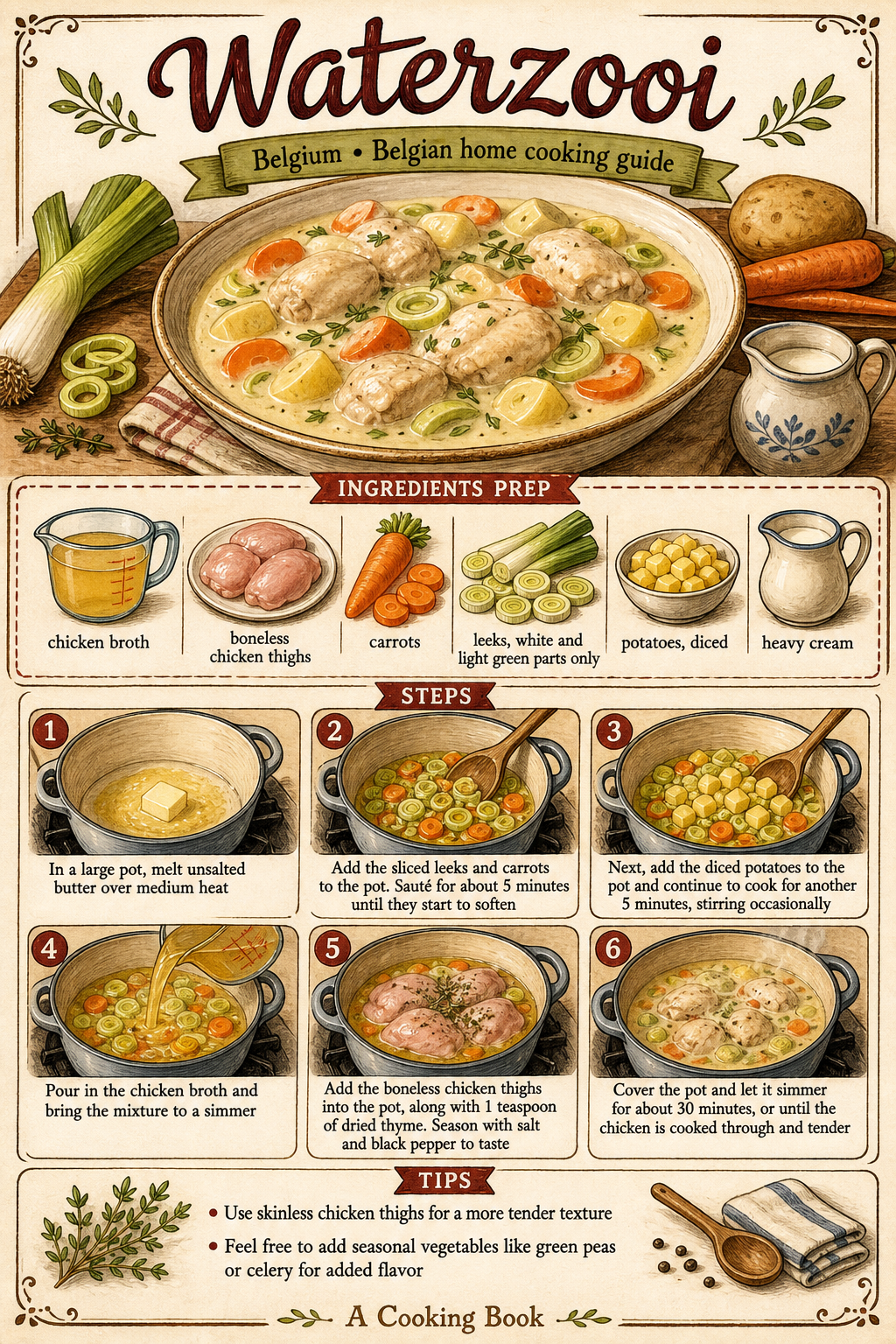 Traditional Ghent Chicken Waterzooi illustrated step-by-step cooking guide