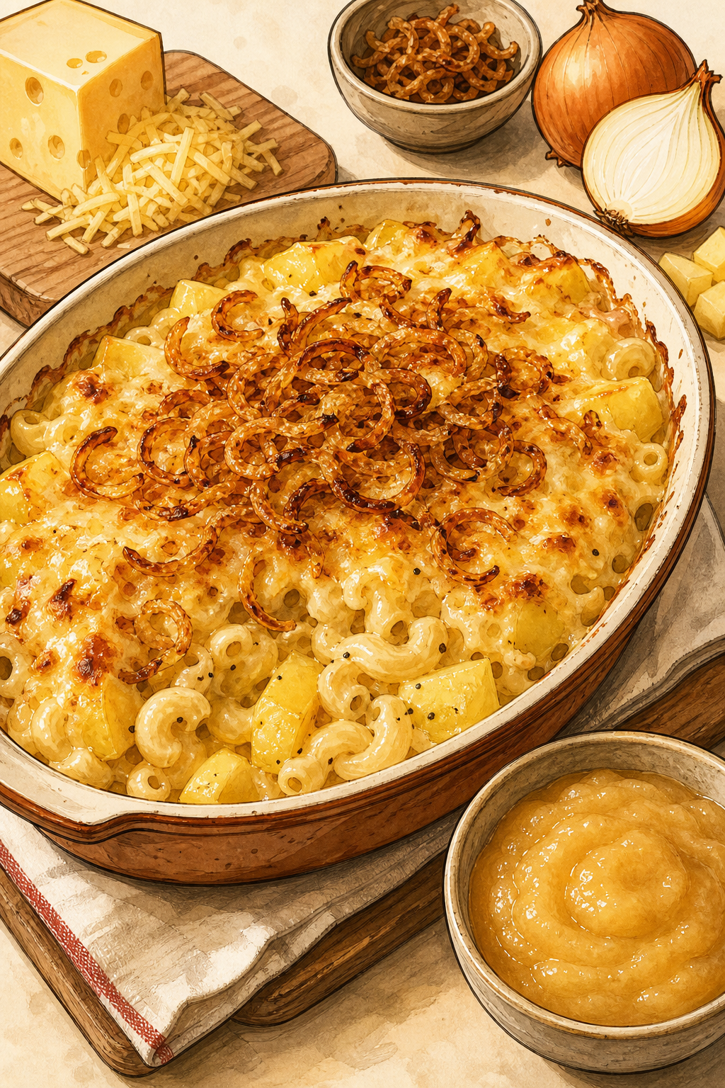 Traditional Swiss Älplermagronen with Potatoes, Cream, Cheese, Crisp Onions and Applesauce