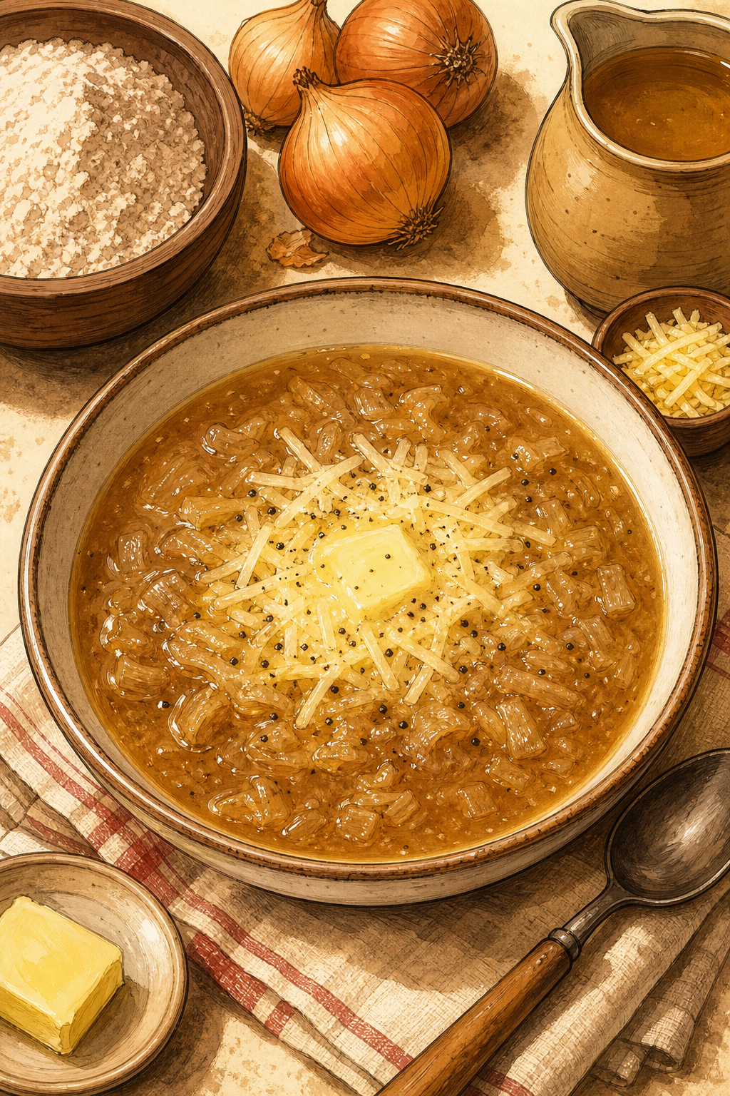 Traditional Basel Brown Flour Soup with Onion, Stock and Cheese illustrated recipe card