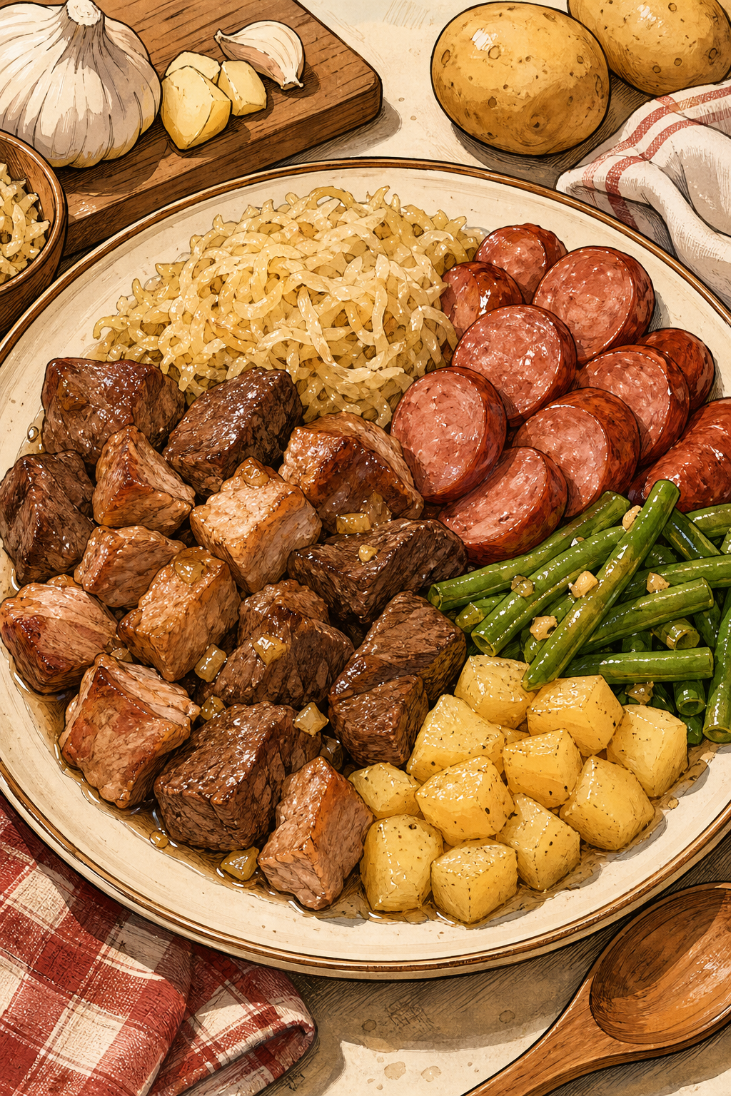 Traditional Bernese Meat Platter with Sauerkraut, Beans and Potatoes illustrated recipe card