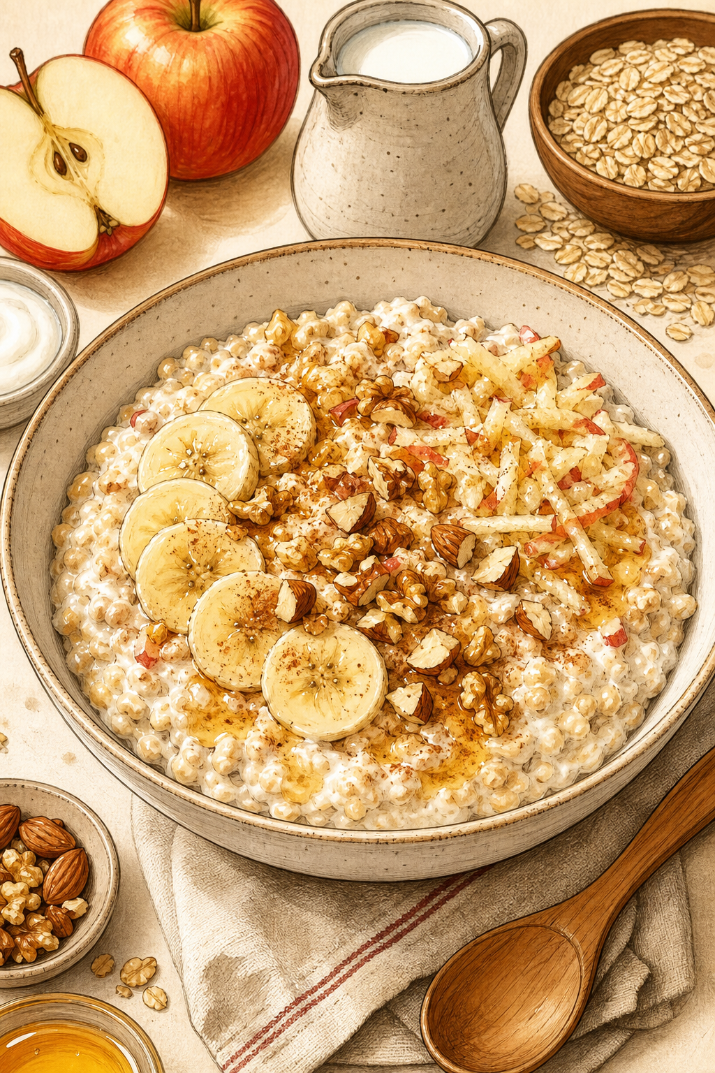 Modern Swiss Bircher Müesli with Yogurt, Apple and Nuts illustrated recipe card