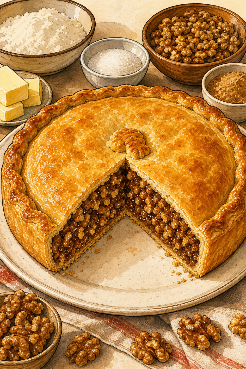 Traditional Engadine Bündner Nusstorte with Caramelized Walnuts Fully Enclosed in Pastry illustrated recipe card