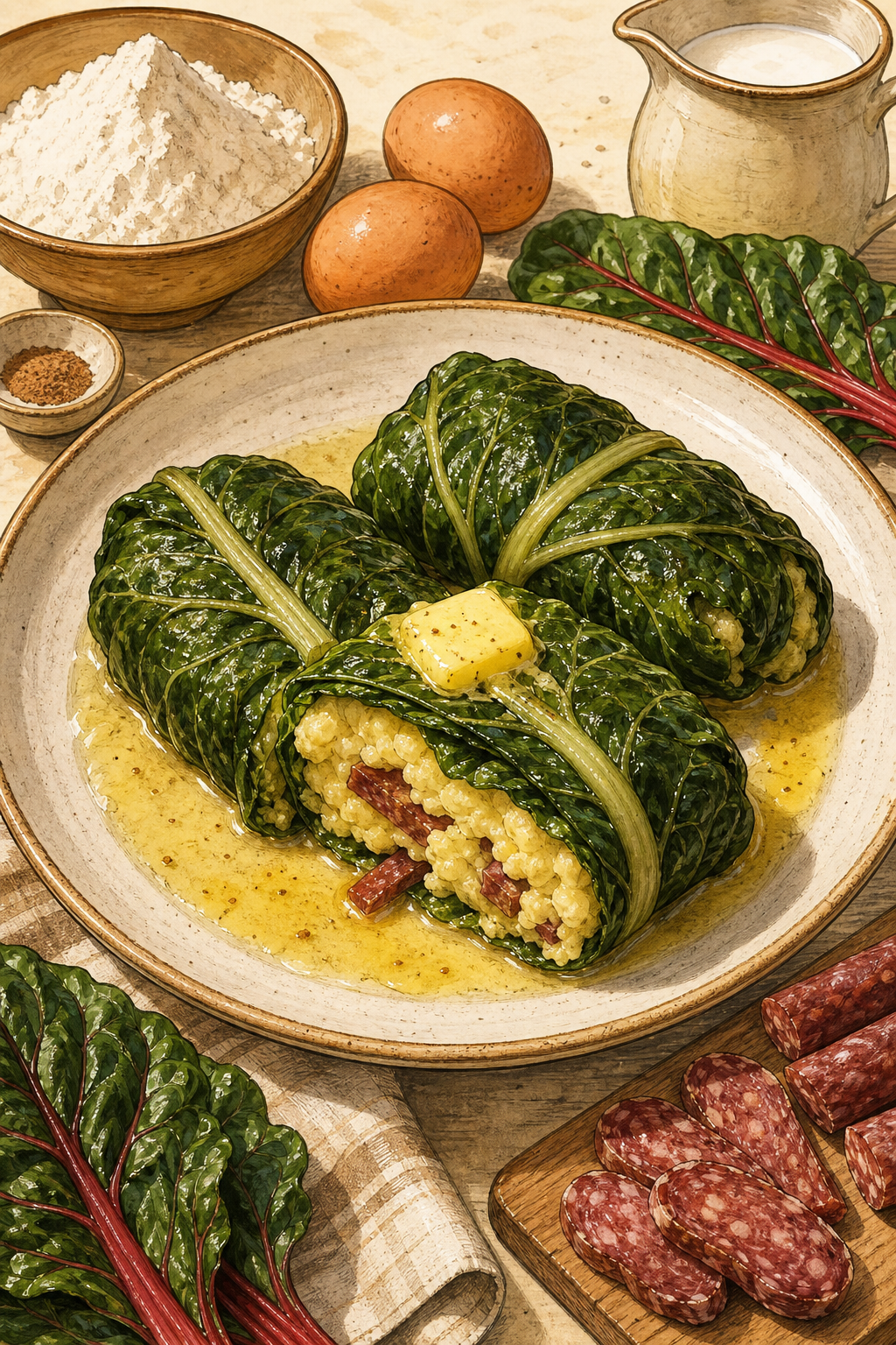 Traditional Graubünden Capuns with Spätzli Dough and Salsiz Wrapped in Swiss Chard illustrated recipe card