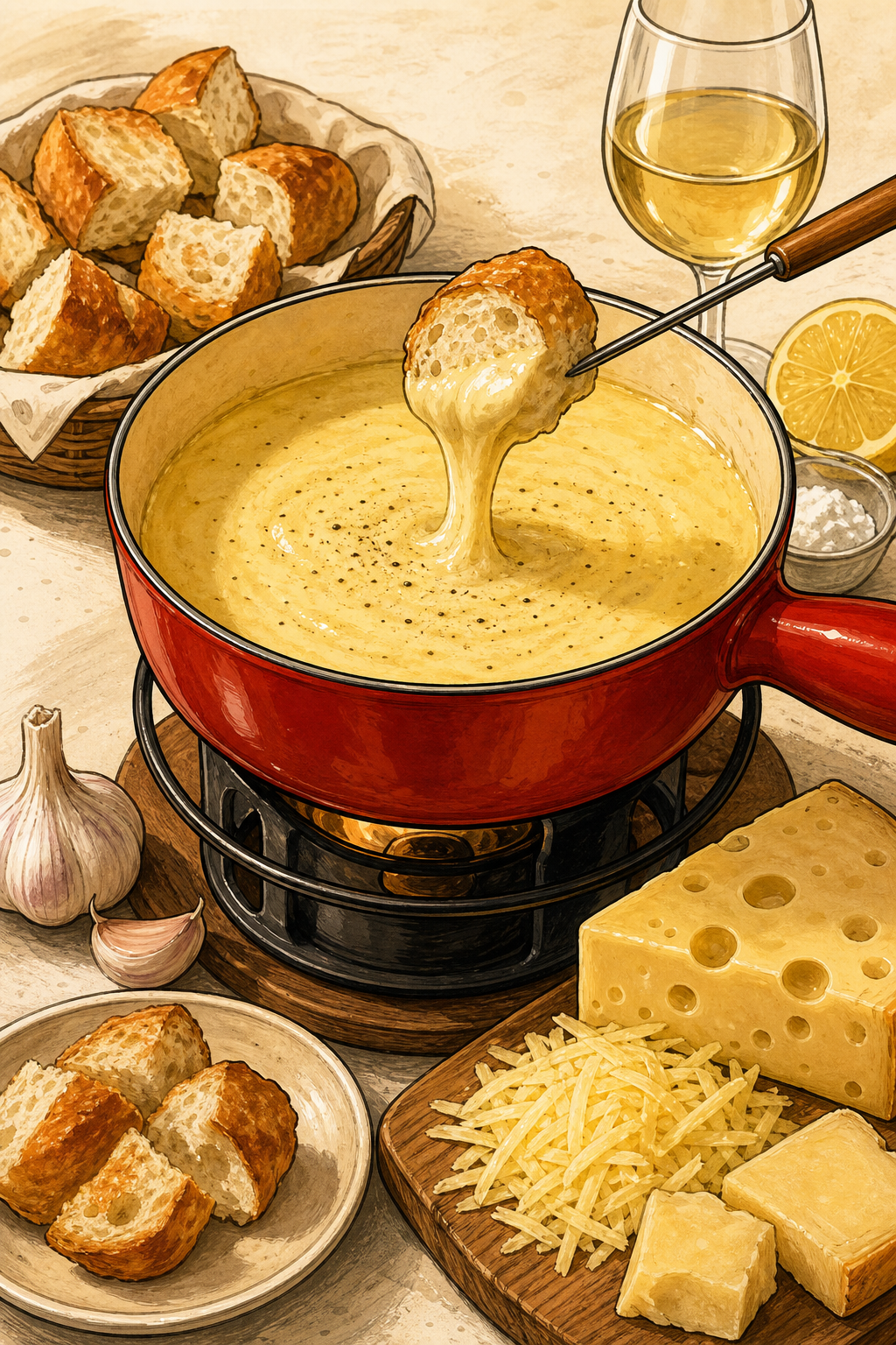 Traditional Swiss Cheese Fondue with Gruyère and Emmental