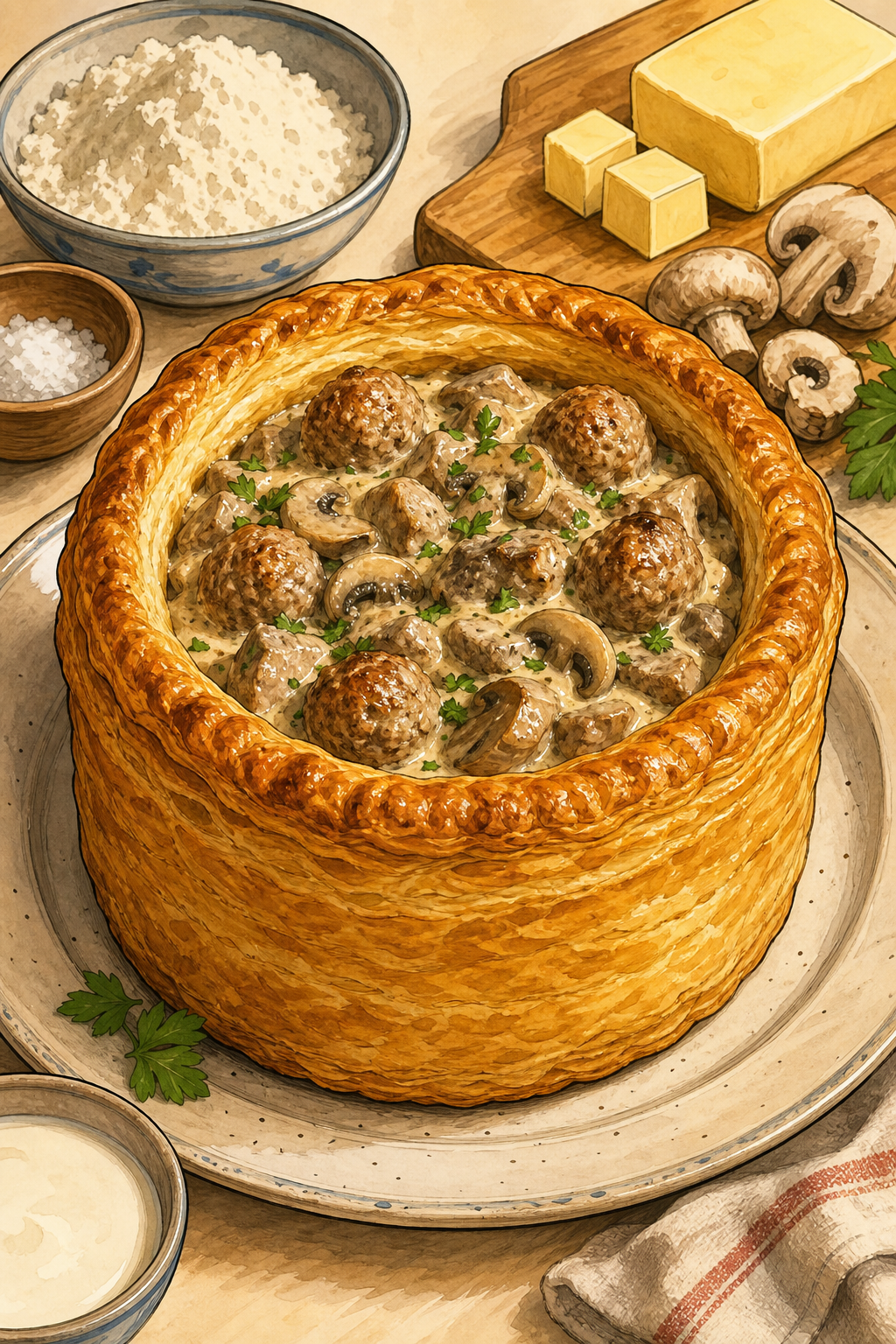 Traditional Lucerne Chügelipastete: a Tall Hollow Puff-Pastry Shell Baked Empty, Then Filled with Creamy Veal, Mushroom and Small-Meatball Ragout (Never a Two-Crust Pie or Raw Filling Baked in Pastry)