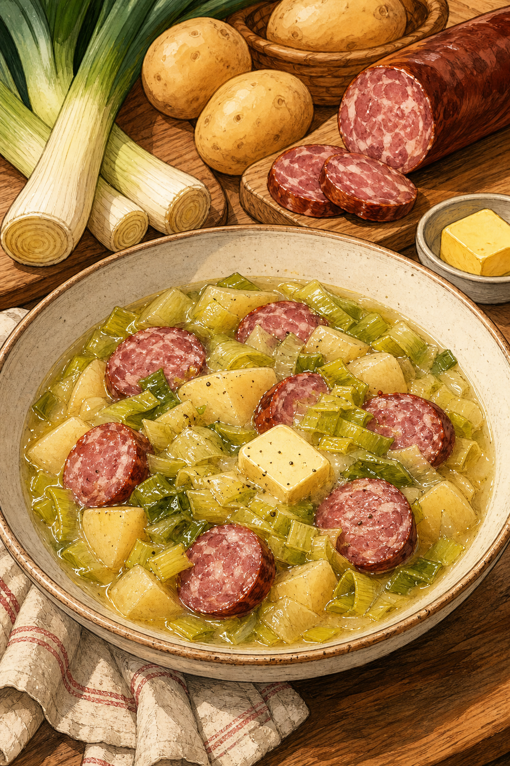 Traditional Vaud Papet with Leeks, Potatoes and Saucisson Vaudois illustrated recipe card