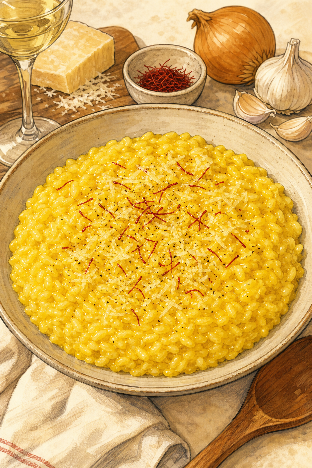 Traditional Ticino Saffron Risotto illustrated recipe card