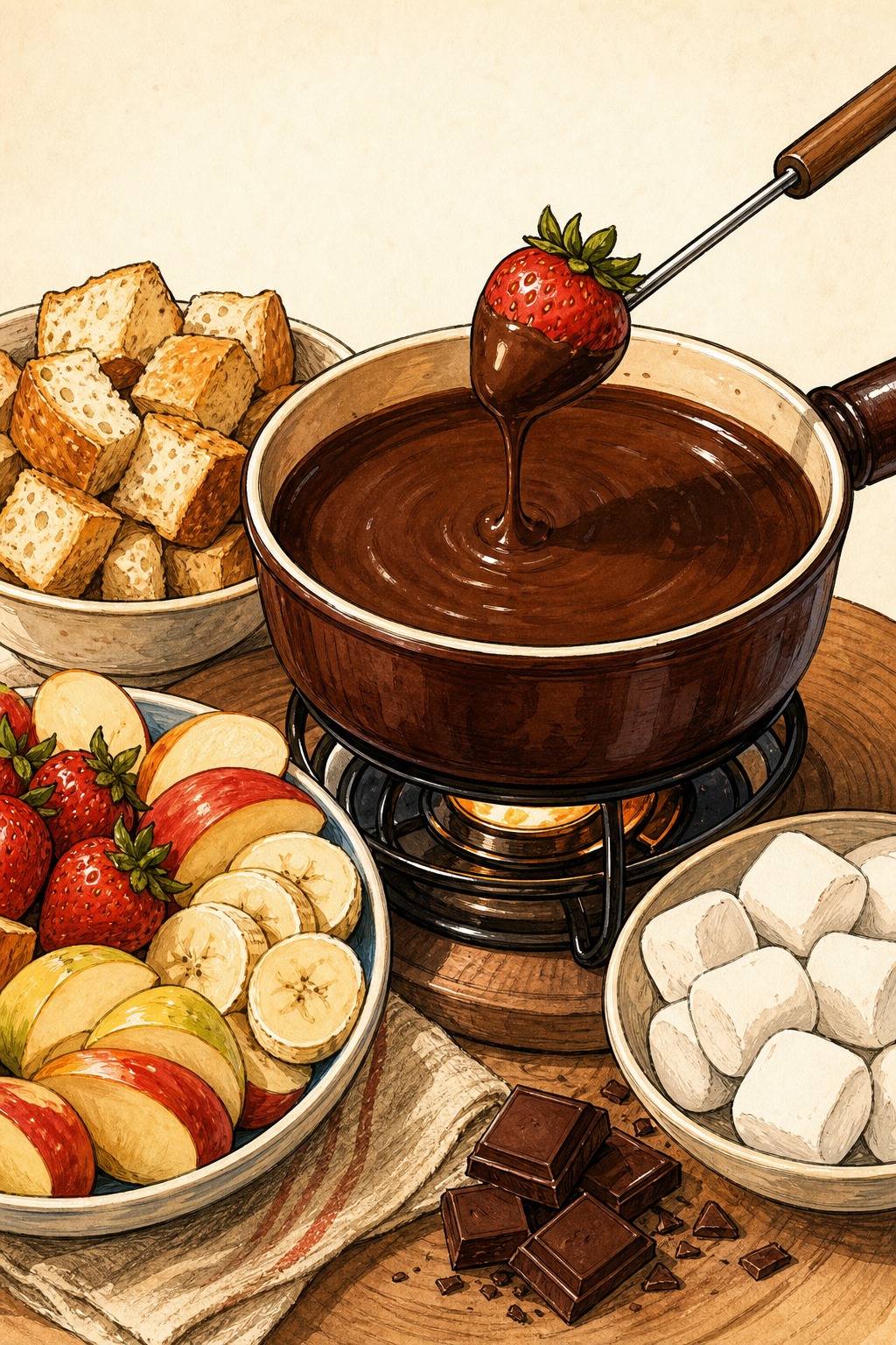 Modern Swiss Chocolate Fondue illustrated recipe card