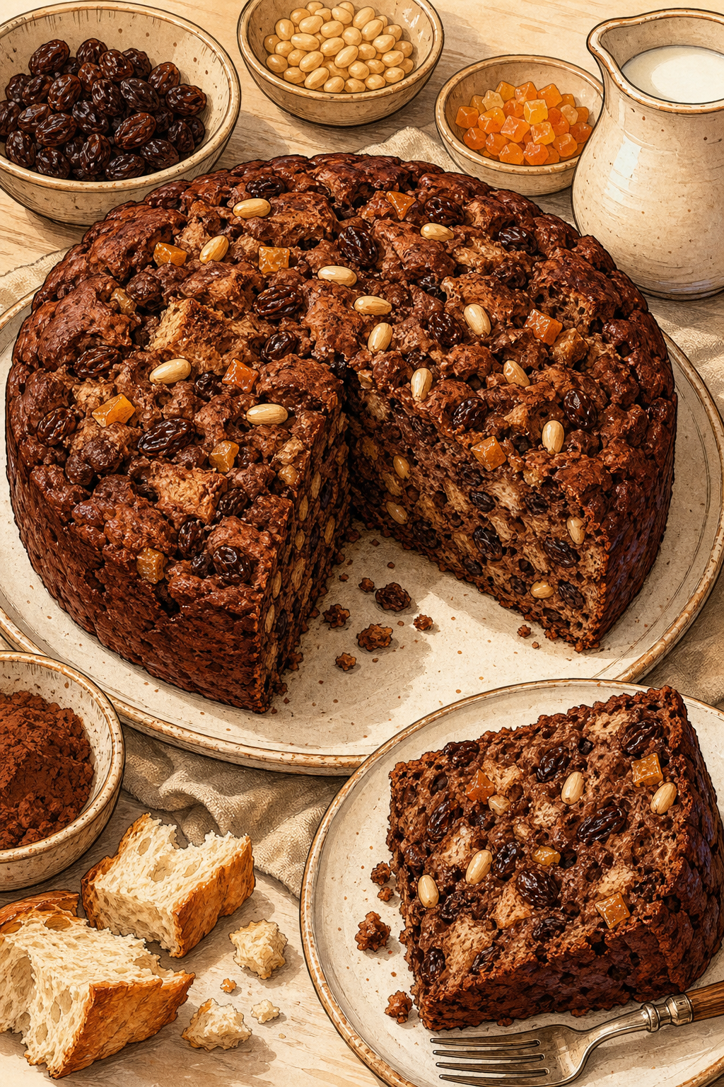 Traditional Ticino Bread Cake with Cocoa, Raisins, Pine Nuts and Candied Peel illustrated recipe card