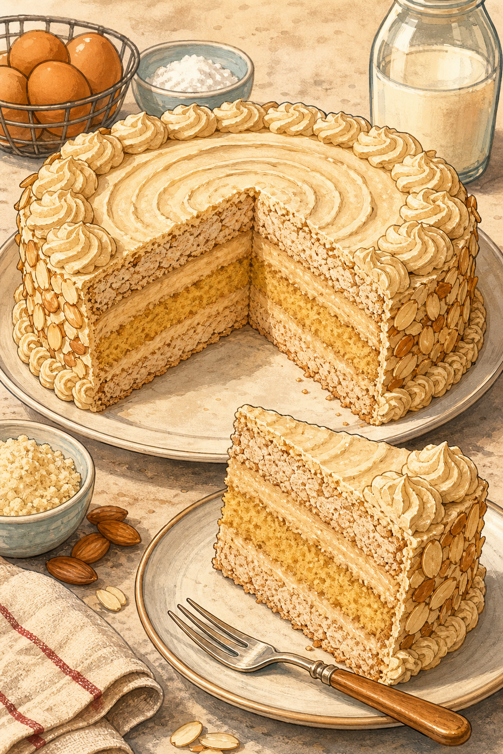 Traditional Zuger Kirschtorte with Two Japonais Bases, a Kirsch-Syrup-Soaked Sponge-Cake Center and Kirsch Buttercream (No Cherries or Chocolate; Do Not Omit the Sponge Layer) illustrated recipe card