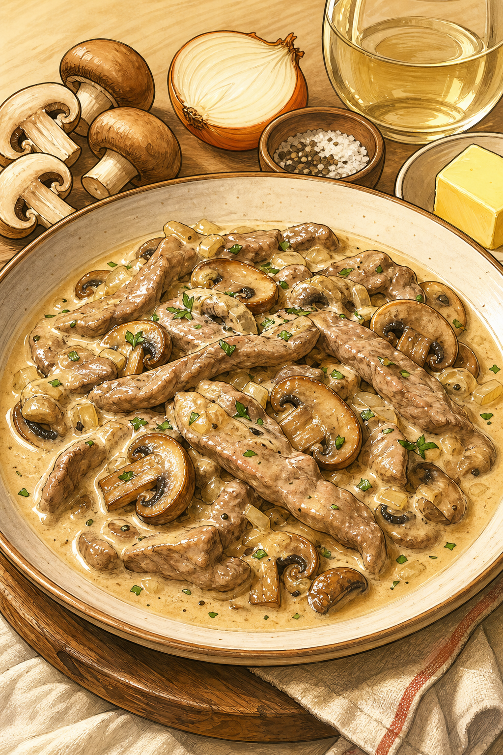 Traditional Zürich Geschnetzeltes with Thin Veal Strips and Sliced Mushrooms Sautéed Separately, Then Finished in White-Wine Cream Sauce (Never Whole Cutlets) illustrated recipe card