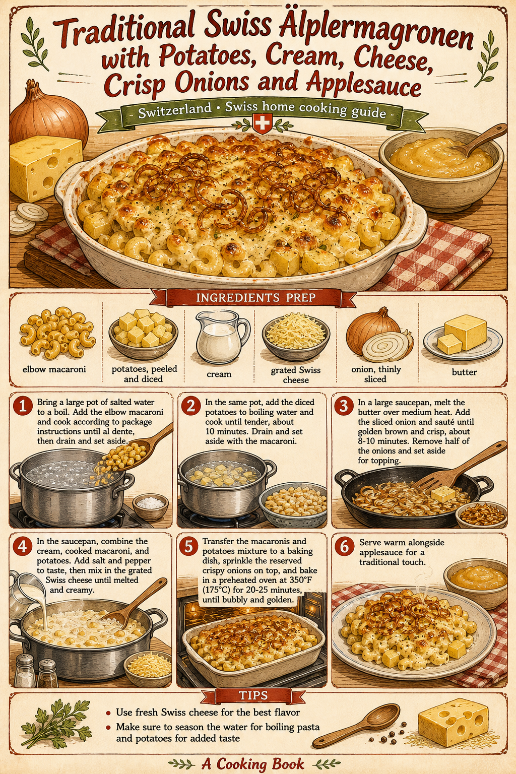 Traditional Swiss Älplermagronen with Potatoes, Cream, Cheese, Crisp Onions and Applesauce illustrated step-by-step cooking guide