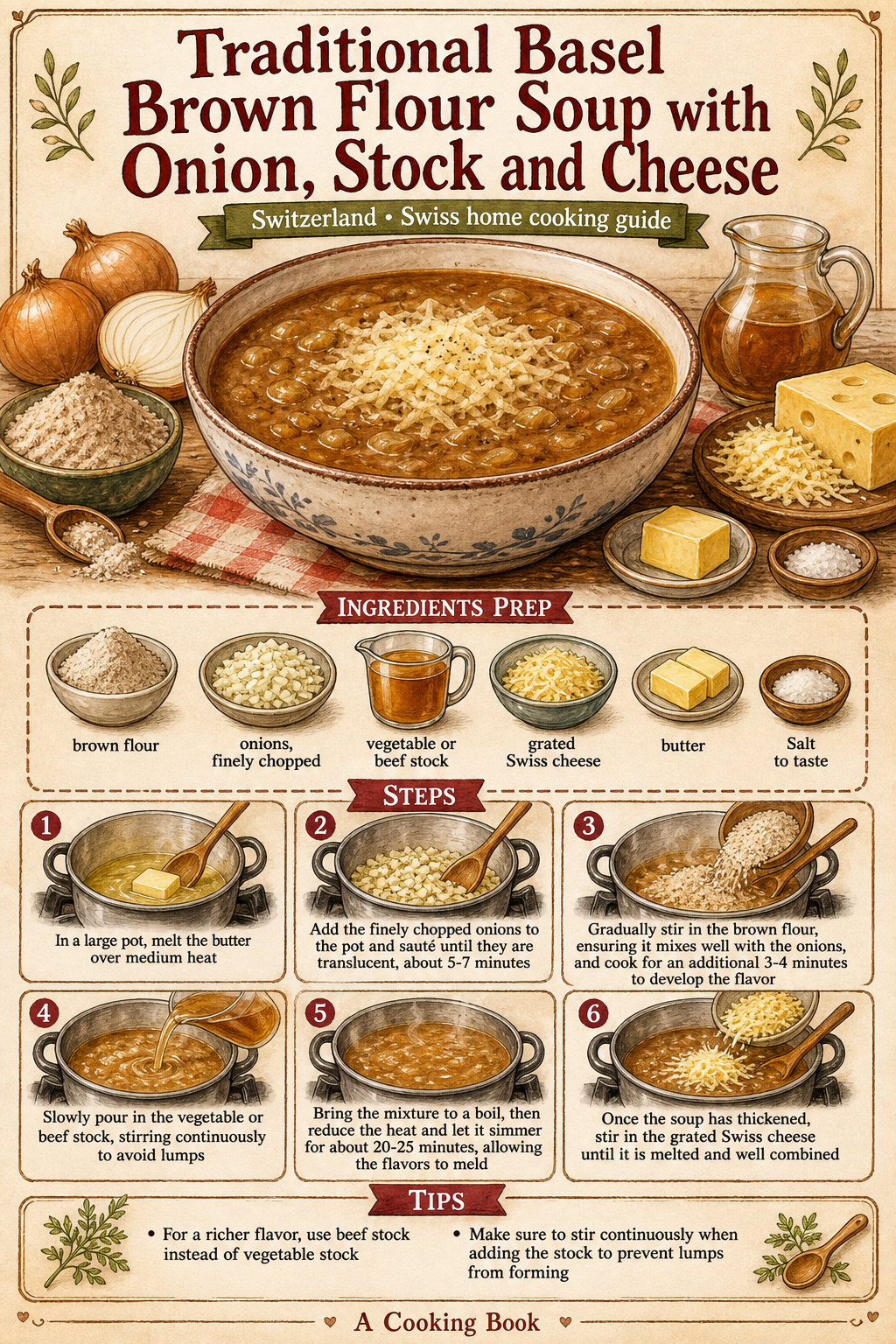 Traditional Basel Brown Flour Soup with Onion, Stock and Cheese illustrated step-by-step cooking guide