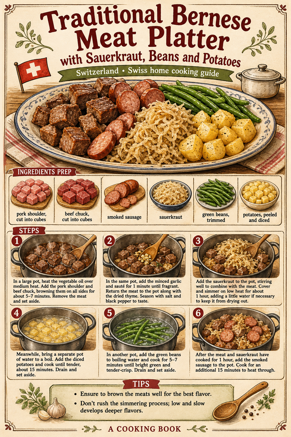 Traditional Bernese Meat Platter with Sauerkraut, Beans and Potatoes illustrated step-by-step cooking guide