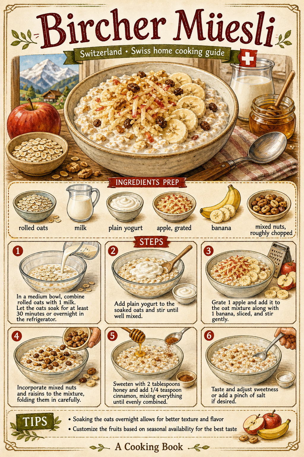 Modern Swiss Bircher Müesli with Yogurt, Apple and Nuts illustrated step-by-step cooking guide