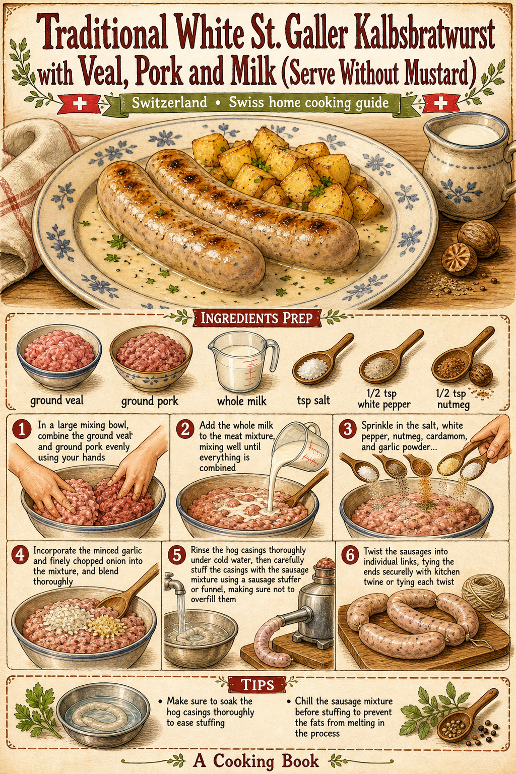 Traditional White St. Galler Kalbsbratwurst with Veal, Pork and Milk (Serve Without Mustard) illustrated step-by-step cooking guide