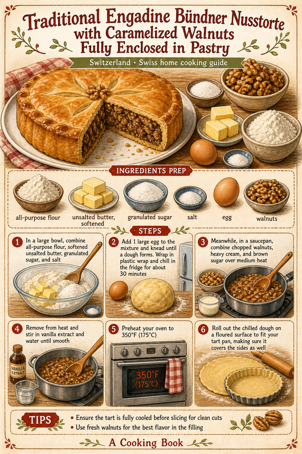 Traditional Engadine Bündner Nusstorte with Caramelized Walnuts Fully Enclosed in Pastry illustrated step-by-step cooking guide