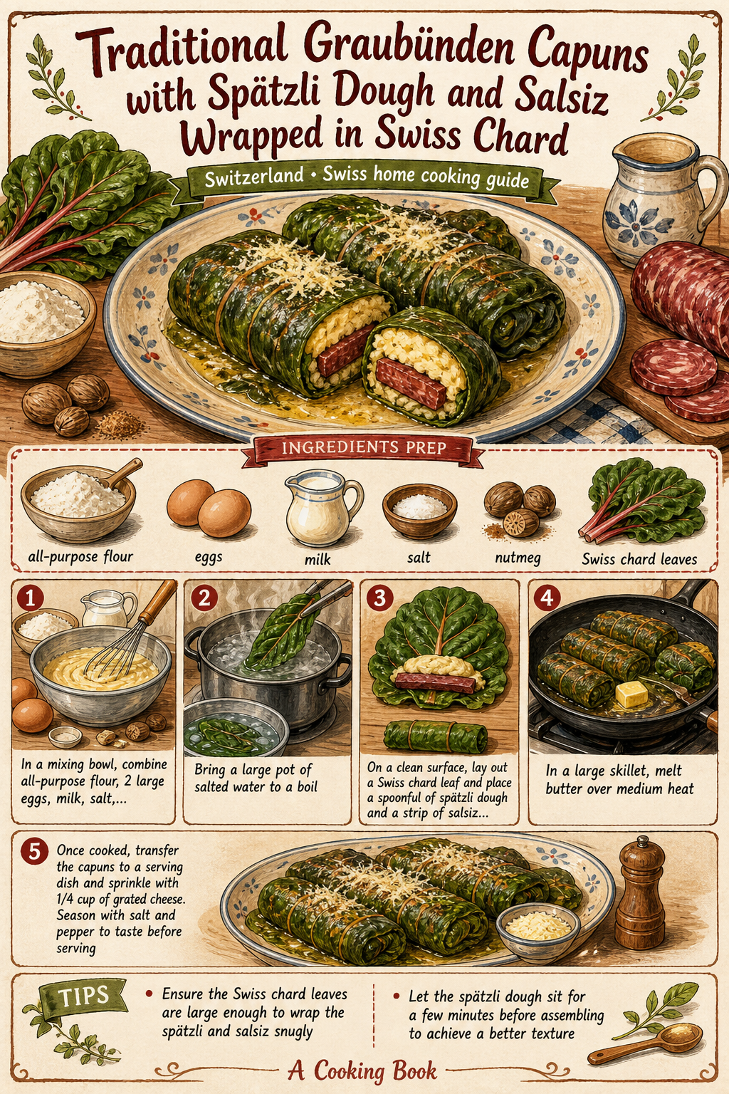 Traditional Graubünden Capuns with Spätzli Dough and Salsiz Wrapped in Swiss Chard illustrated step-by-step cooking guide