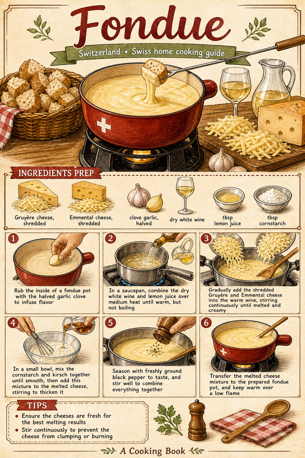 Traditional Swiss Cheese Fondue with Gruyère and Emmental illustrated step-by-step cooking guide