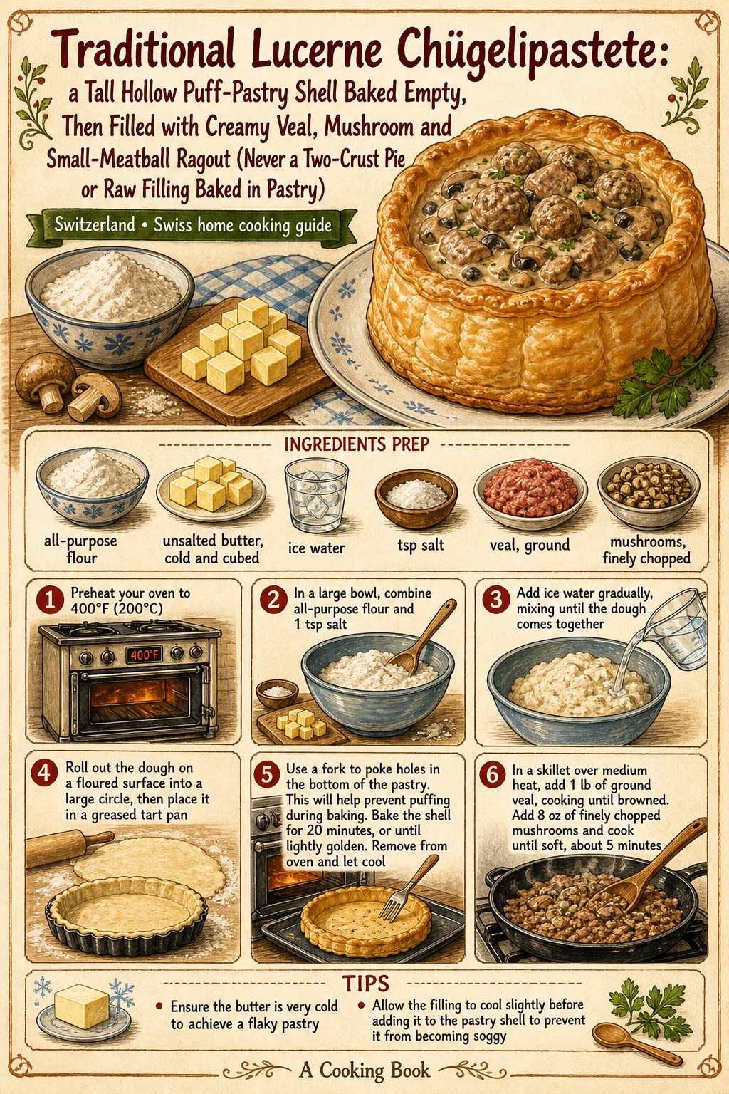 Traditional Lucerne Chügelipastete: a Tall Hollow Puff-Pastry Shell Baked Empty, Then Filled with Creamy Veal, Mushroom and Small-Meatball Ragout (Never a Two-Crust Pie or Raw Filling Baked in Pastry) illustrated step-by-step cooking guide