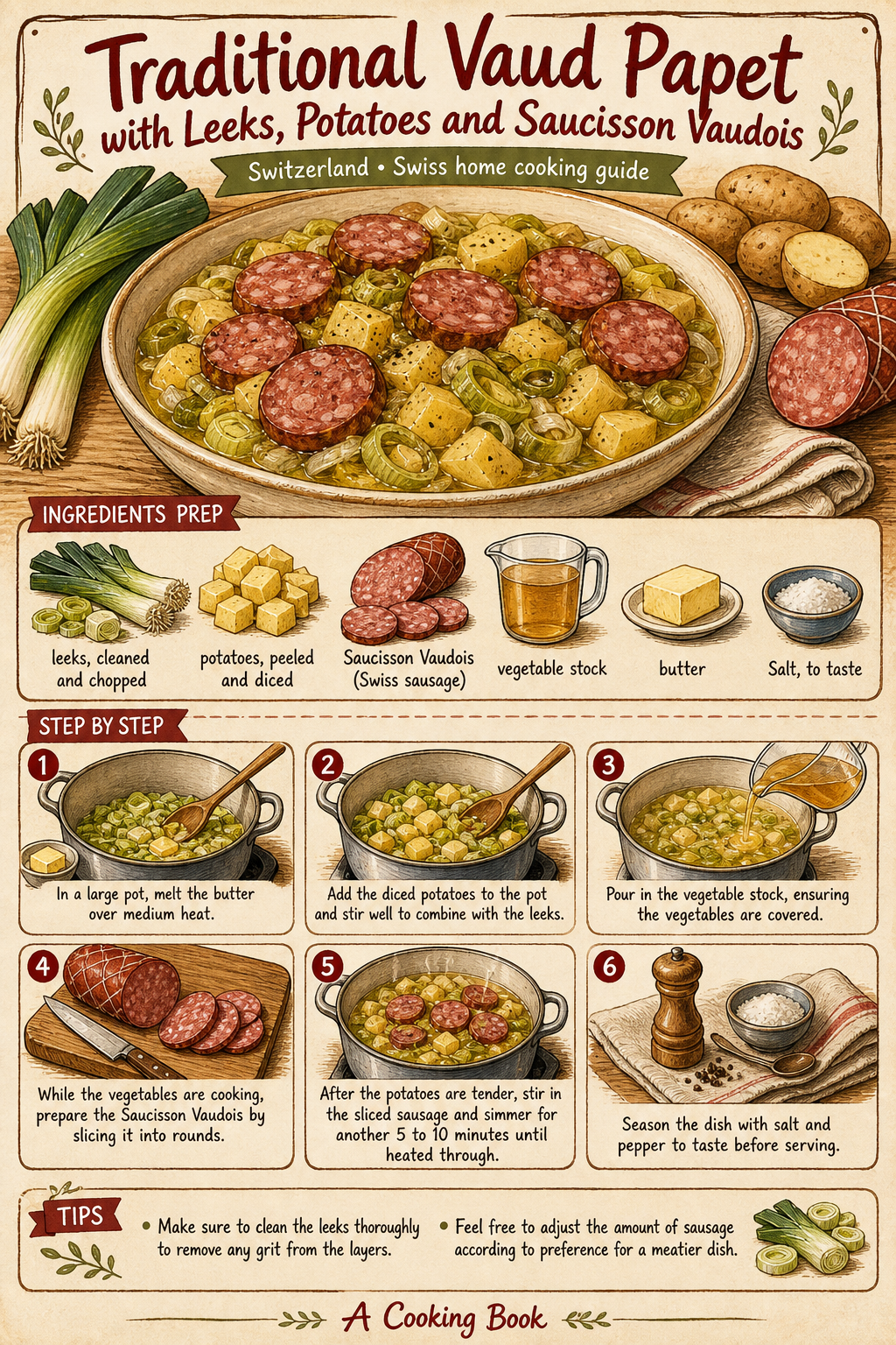 Traditional Vaud Papet with Leeks, Potatoes and Saucisson Vaudois illustrated step-by-step cooking guide