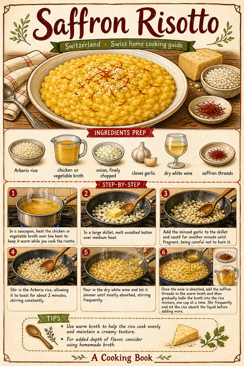Traditional Ticino Saffron Risotto illustrated step-by-step cooking guide