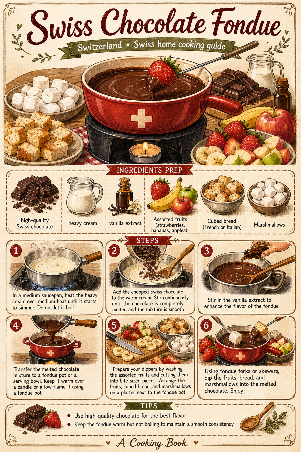 Modern Swiss Chocolate Fondue illustrated step-by-step cooking guide