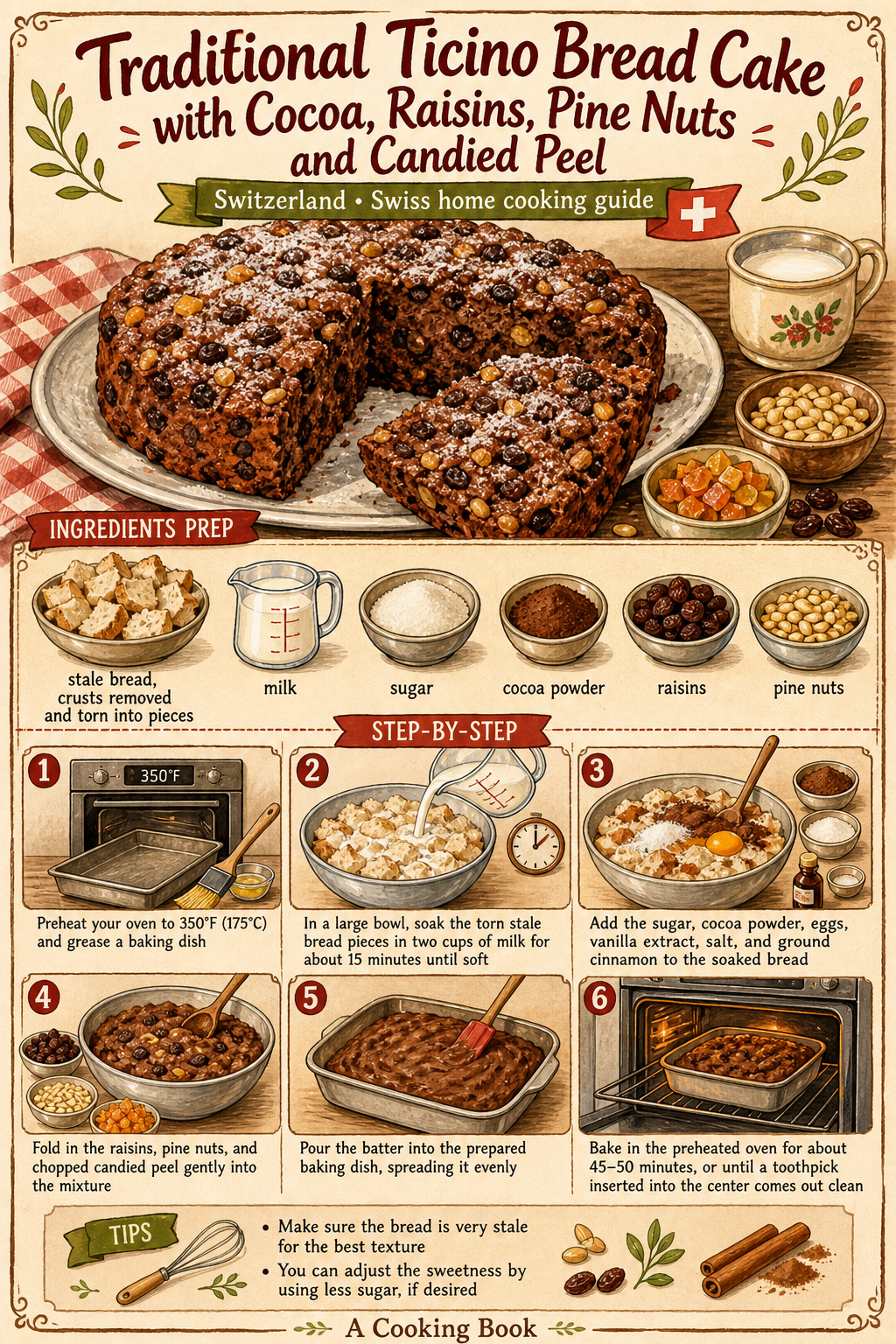 Traditional Ticino Bread Cake with Cocoa, Raisins, Pine Nuts and Candied Peel illustrated step-by-step cooking guide