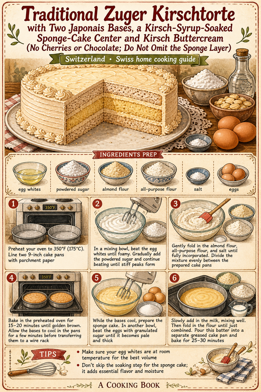 Traditional Zuger Kirschtorte with Two Japonais Bases, a Kirsch-Syrup-Soaked Sponge-Cake Center and Kirsch Buttercream (No Cherries or Chocolate; Do Not Omit the Sponge Layer) illustrated step-by-step cooking guide