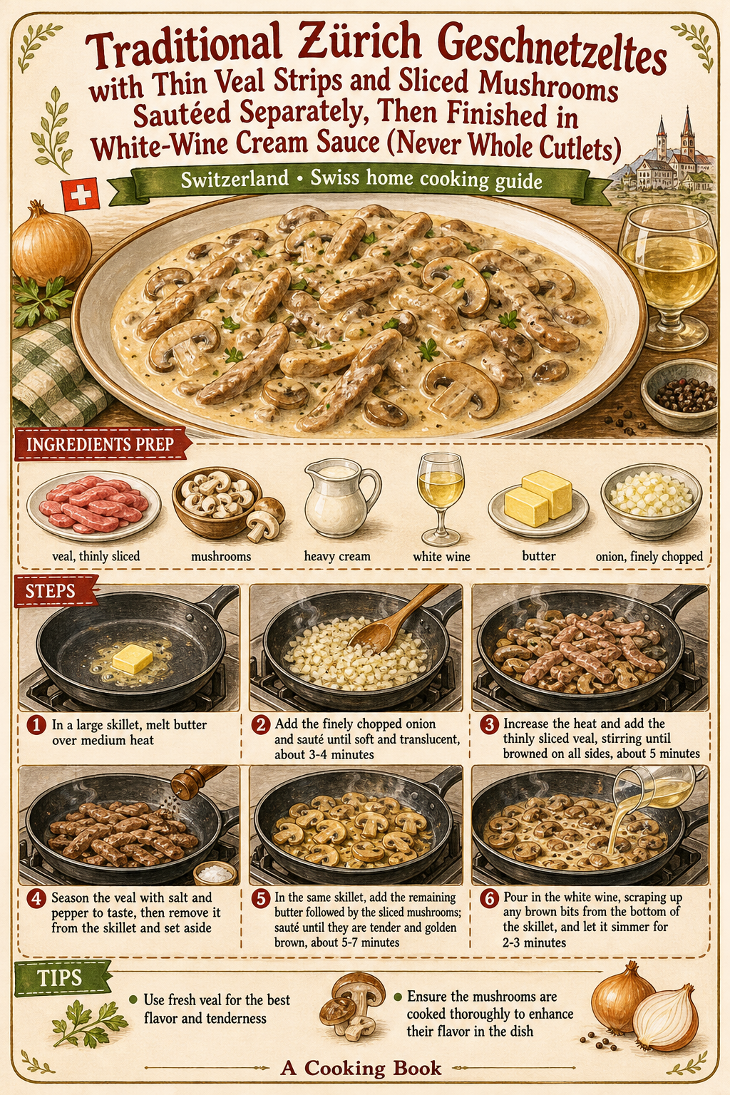Traditional Zürich Geschnetzeltes with Thin Veal Strips and Sliced Mushrooms Sautéed Separately, Then Finished in White-Wine Cream Sauce (Never Whole Cutlets) illustrated step-by-step cooking guide