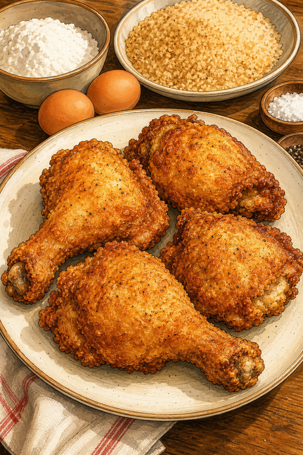 Traditional Austrian Backhendl: Pat Skin-On Chicken Dry, Coat Flour-Egg-Breadcrumbs and Deep-Fry Crisp to 74°C (Step Guide Must Show Breadcrumb Coating and Frying; Do Not Rinse Raw Chicken) illustrated recipe card