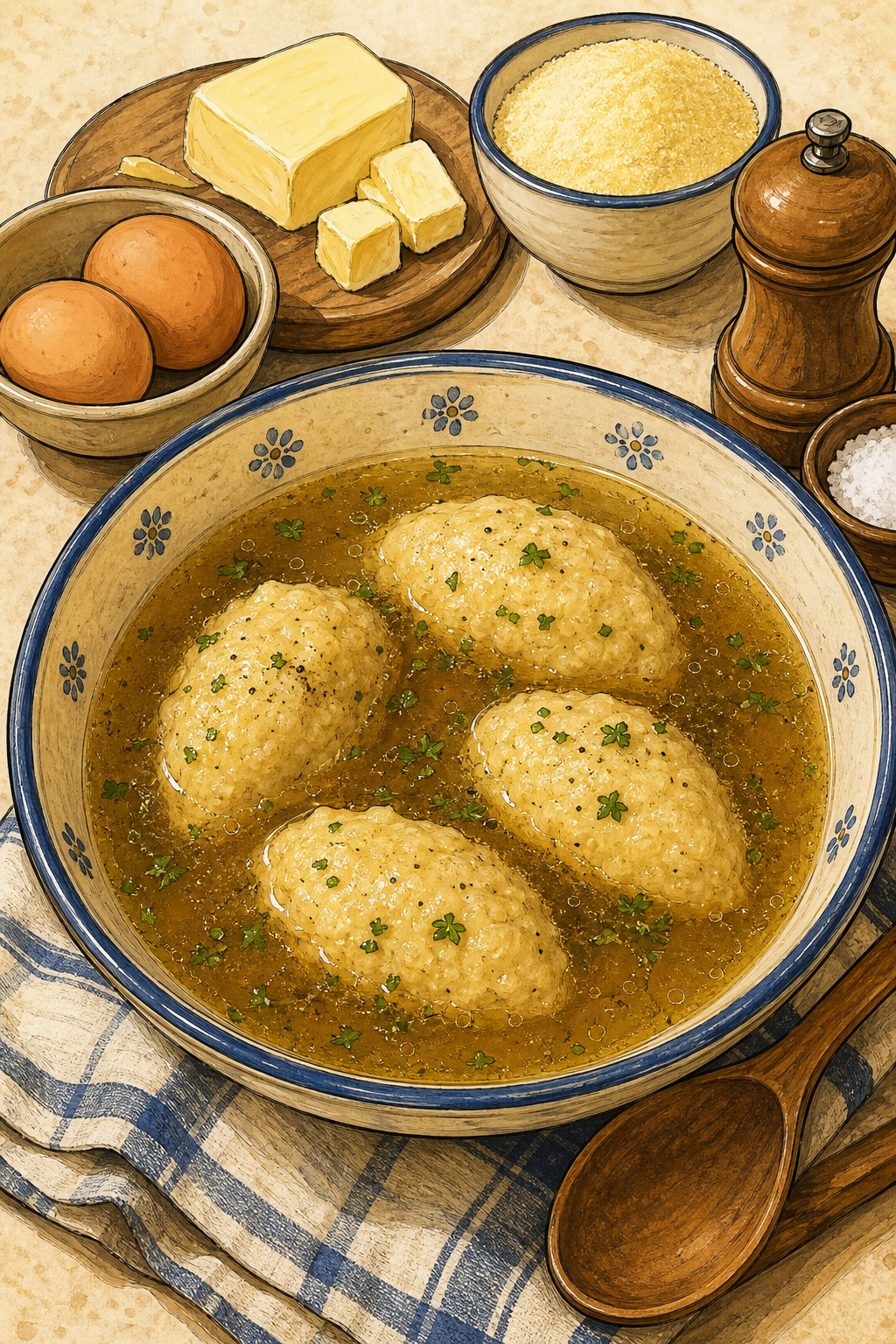 Traditional Austrian Grießnockerlsuppe with Butter-Egg-Semolina Dumplings in Clear Beef Broth (No Milk) illustrated recipe card