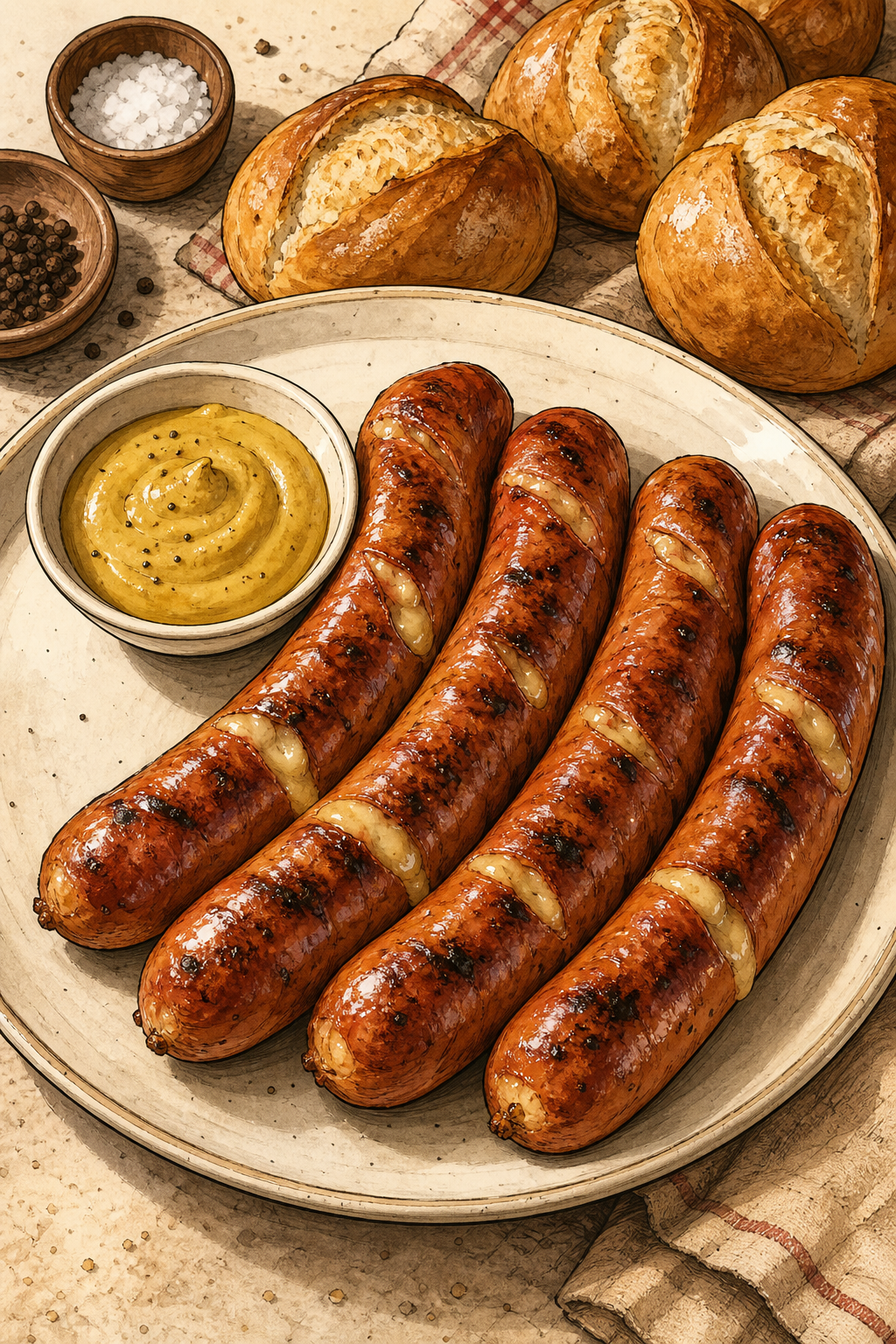 Traditional Austrian Käsekrainer Street-Food Sausage, Grilled Whole and Served with Mustard and Bread (No Pepper-Onion Skillet) illustrated recipe card