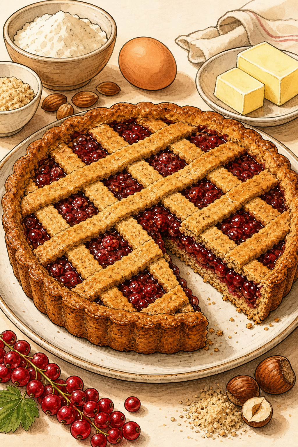 Traditional Austrian Linzer Torte with Ground Nuts, Redcurrant Jam and a Lattice Top