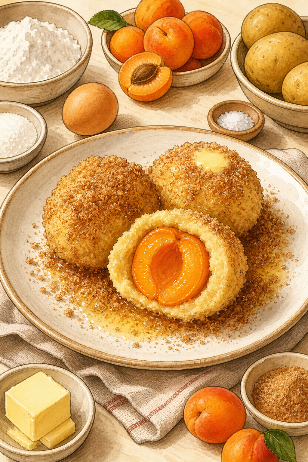 Marillenknödel illustrated recipe card