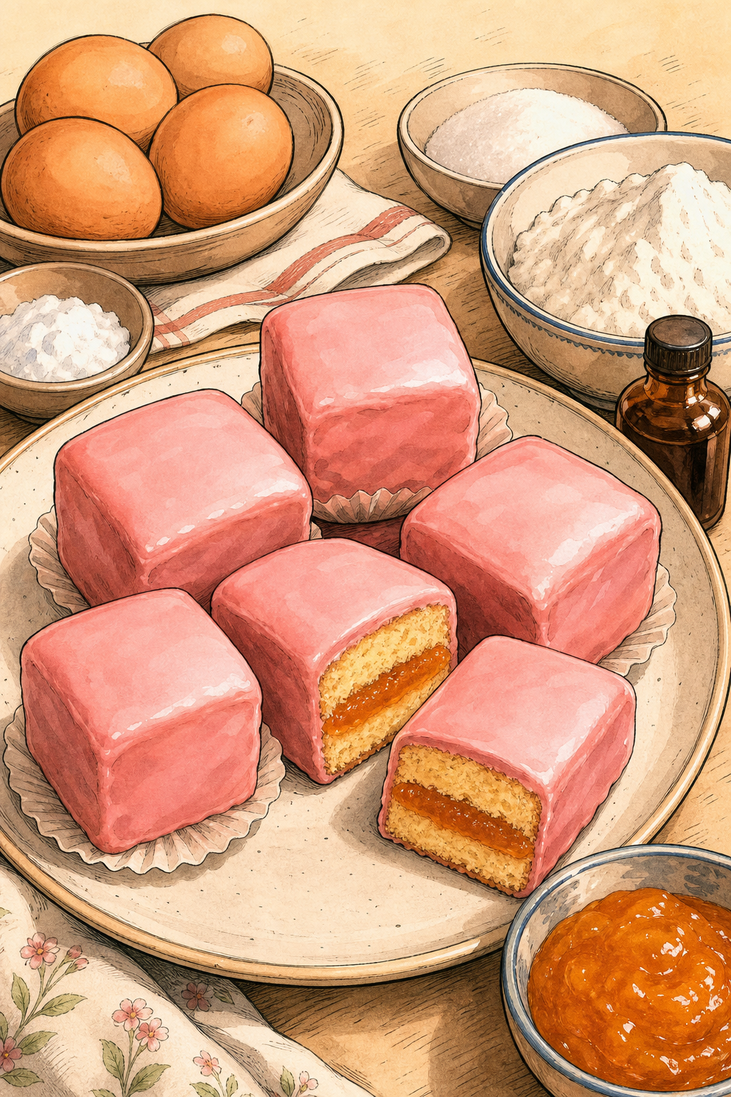 Traditional Viennese Punschkrapfen: Bake Sponge, Add Apricot-Rum-Orange Punch Filling, Assemble Cubes and Coat Fully in Pink Fondant (Step Guide Must Show Filling and Fondant, Not Stop After Sponge)