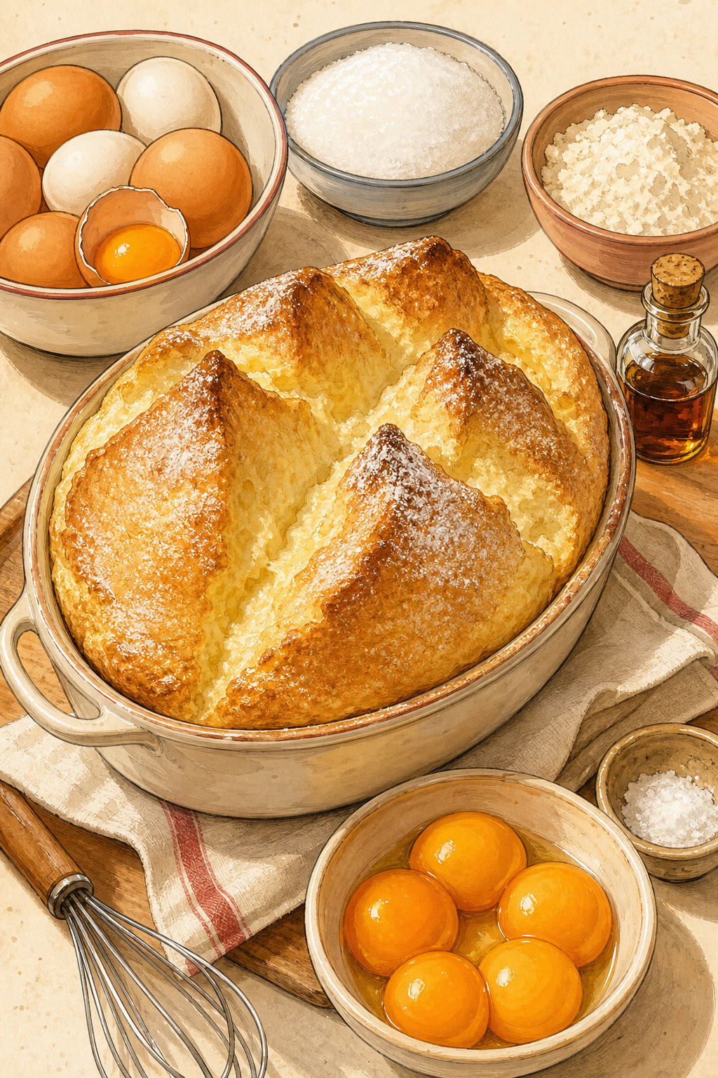 Traditional Salzburger Nockerl with 4 Egg Whites, 55-60g Sugar, 2 Egg Yolks and 20g Flour, Shaped into Three Peaks and Baked Immediately (No Milk, Cream of Tartar, Vanilla or One-Cup Sugar)