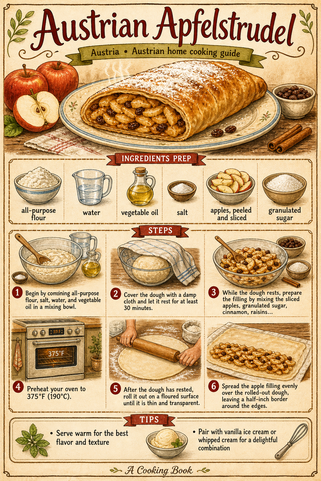 Austrian Apfelstrudel illustrated step-by-step cooking guide