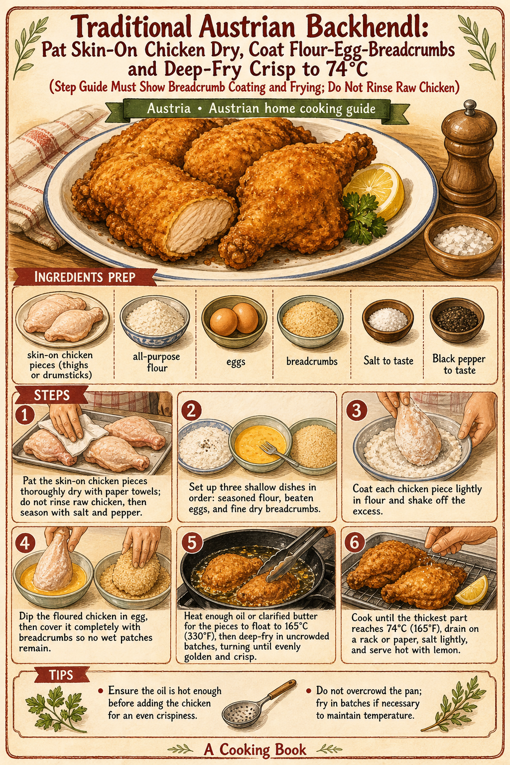 Traditional Austrian Backhendl: Pat Skin-On Chicken Dry, Coat Flour-Egg-Breadcrumbs and Deep-Fry Crisp to 74°C (Step Guide Must Show Breadcrumb Coating and Frying; Do Not Rinse Raw Chicken) illustrated step-by-step cooking guide