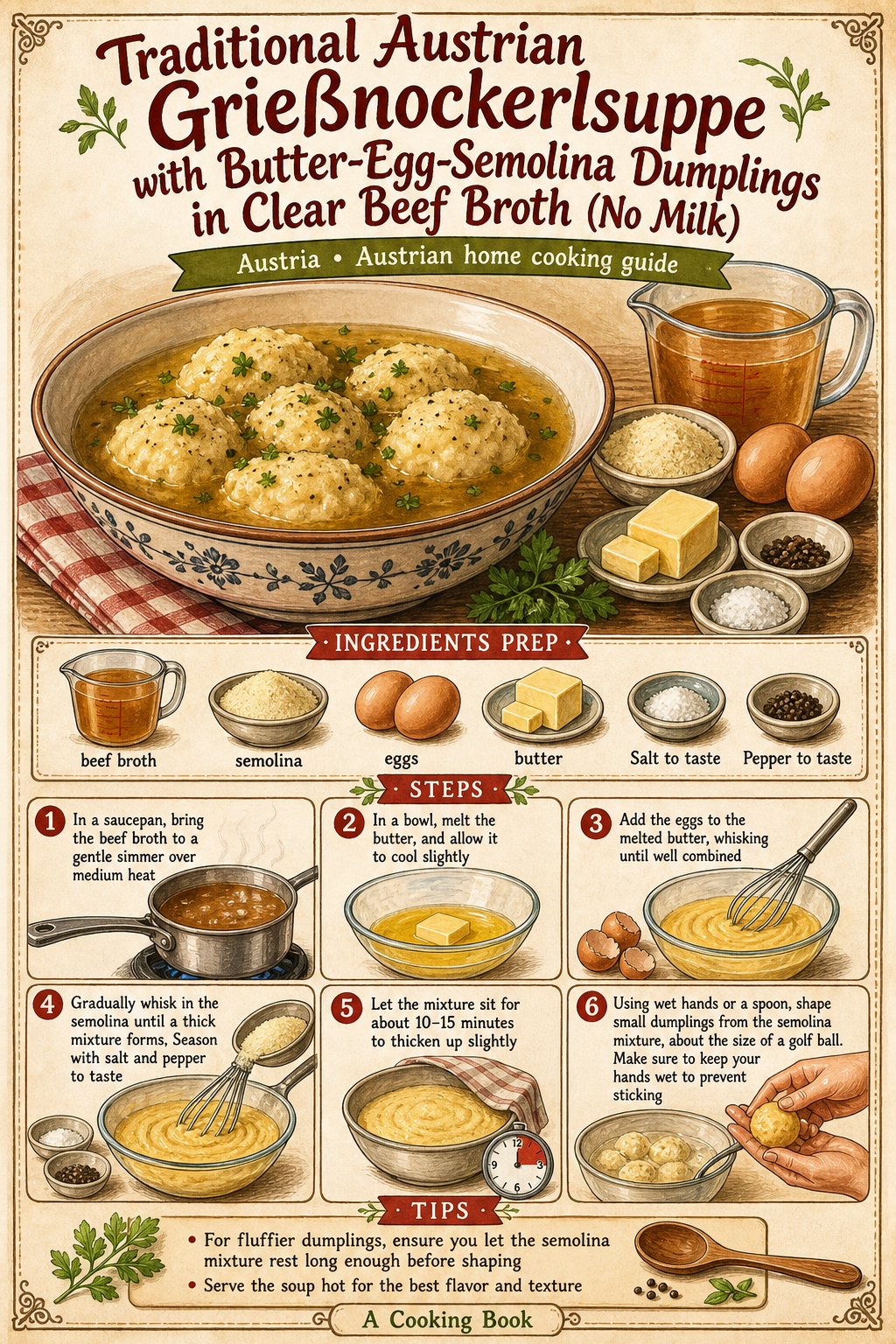 Traditional Austrian Grießnockerlsuppe with Butter-Egg-Semolina Dumplings in Clear Beef Broth (No Milk) illustrated step-by-step cooking guide