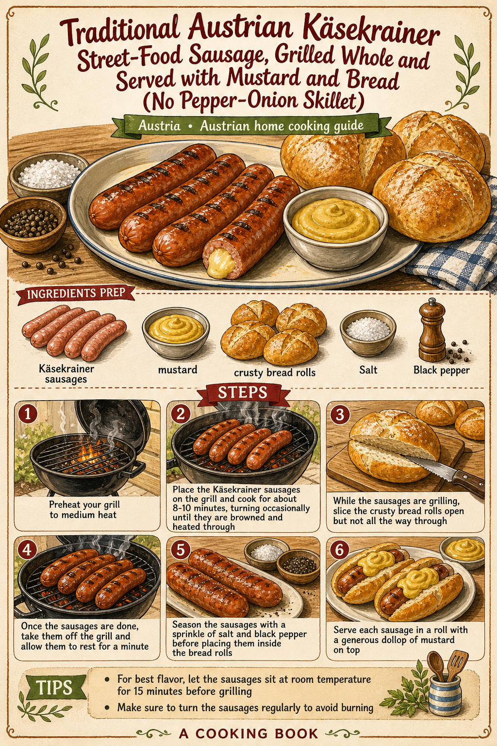 Traditional Austrian Käsekrainer Street-Food Sausage, Grilled Whole and Served with Mustard and Bread (No Pepper-Onion Skillet) illustrated step-by-step cooking guide